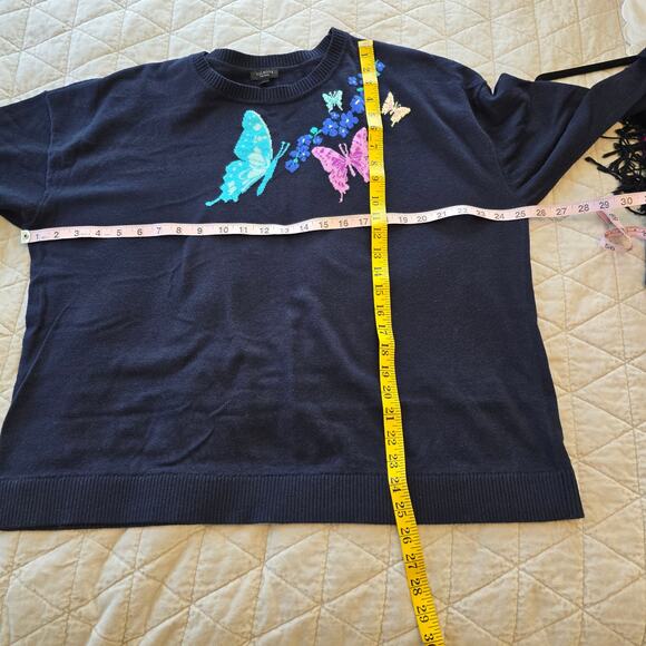 Talbots Sweater Women's 2XP Navy Butterfly Floral Crew Neck 3/4 Sleeves Career - Picture 7 of 9